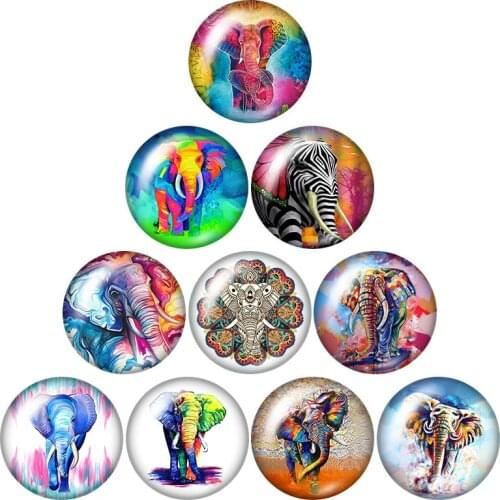 Colorful Painting elephant 10pcs mixed 12mm/16mm/18mm/25mm Round photo glass cabochon demo flat back Making findings ZB1172