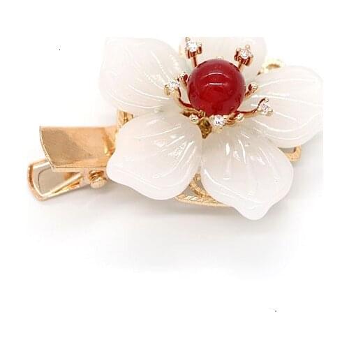 Ethnic Crystal Pink Floral Hair Clip Barrettes Chinese Style Red Bead Headpiece Jewelry Hairpin Ethnic Women Accessories