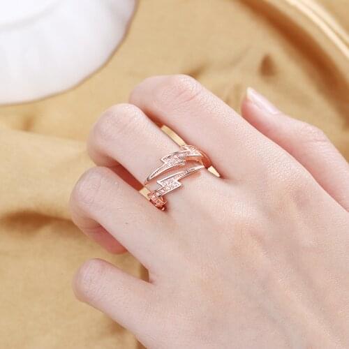 Womens Fashion Geometric Flash-Shape Open Ring Micro Zircon Inlaid Rose Gold Ring Band Accessories Female Trendy Jewelry Gift