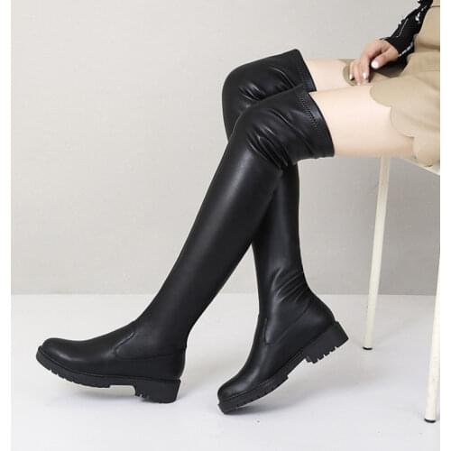 Designer Stretch PU Leather Over-the-Knee Boots Women Chunky Heels Platform Slip-ons Slim Knee High Boots Woman White Nude Shoes