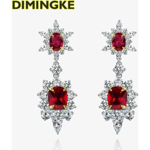 DIMINGKE Vintage 8*10MM Natural Ruby Earrings 100% S925 Sterling Silver Woman High Jewelry Party Anniversary Gift