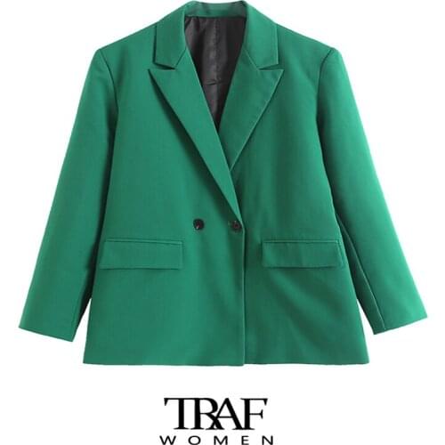 TRAF Za Women Fashion Oversized Double Breasted Blazer Coat Vintage Long Sleeve Flap Pockets Female Outerwear Chic Veste