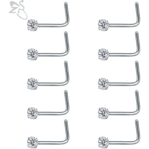 ZS 10 pcs/lot 20G Nose Piercing Jewelry 316L Stainless Steel Nose Rings Clear Crystals L-shape Piercing Nez Piercing Nariz Rings