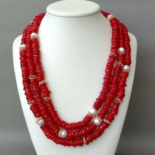 19" 3 Strands Cultured White Pearl Disc Red Coral Necklace