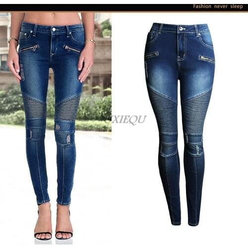 2021 Womens motorcycle models with holes Slim stretch and thin womens denim pencil pants feet pants