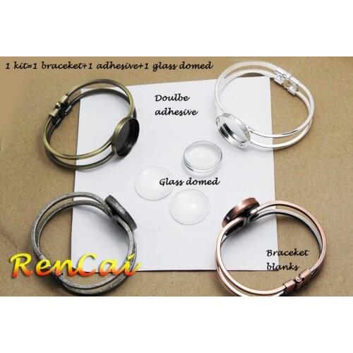 5Kits 25mm Round Double Line Cuff Blank Round Bracelet Cameo Cabochons Setting With Matching Bracelet/Double Adhesive/Glass