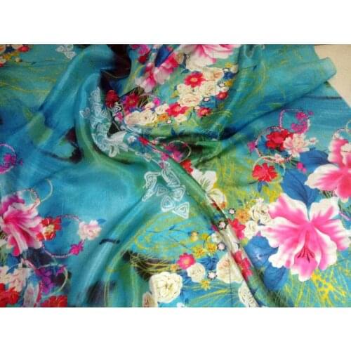 Pure Natural Silk Wide Blue Flowers Super 100% Mulberry Silk Chiffon Prints Fabric Textile For Dress Cloth Scarf African Fabric