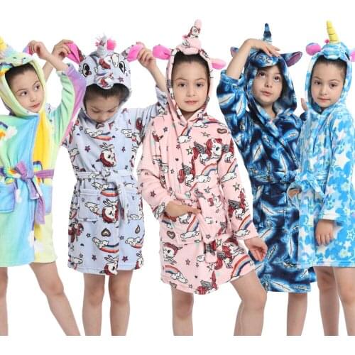 1-6Y Bathrobe Autumn Winter Kids Unicorn Hoodie Warm Flannel Girl Pajamas Boy Bath Towel Robes Baby Peignoir Children Sleepwear