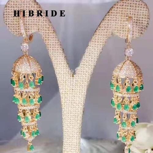 HIBRIDE New Arrival AAA Cubic Zircon Pave Long Drop Tassel Earrings for Women Pendientes Mujer Brincos Party Jewelry E-14