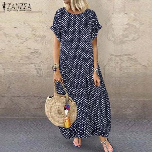 2021 ZANZEA Summer Women Sundress Bohemian Polka Dot Beach Dress Casual O Neck Short Sleeve Kaftan Party Long Vestido Robe Femme