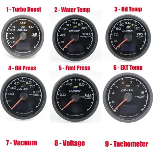 New RGB 64K Colors Racing GReddi Gauge with START Mode Turbo Boost Water Temp Oil Temp Oil Press Vacuum EGT Fuel Press Voltage