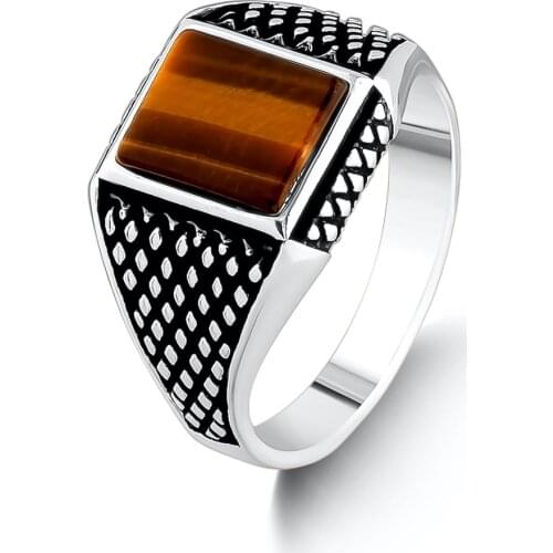 Solid 925 Sterling Silver Rings Silver Men Brown Tiger Eye Gemstone Ring Antique Men Ring