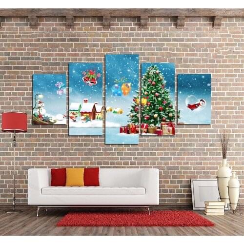 Christmas Tree Snowball 5 Panels Poster Snow View Wall Art Picture and Hd Print Festival Home Decor Canvas Painting No Frame