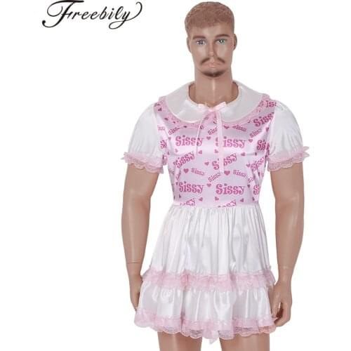 Men Dress Sissy Silky Satin Doll Collar Short Puff Sleeves Bodice Lace Trimmed Ruffled Dress Adult Baby Cross Dresser Costume