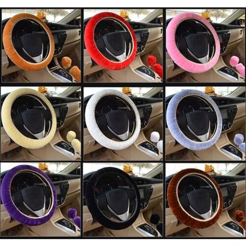 Plush Steering Wheel Covers Gear Shift Knob Handbrake Cover Hand Brake Wool Cover Auto Car Pink Black Interior Accessory