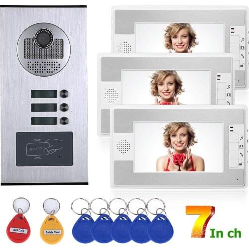 Wired Video Intercom Systems 3 apartments 7 inch Video Door Phone System RFID IR-CUT HD 1000TVL Doorbell Camera