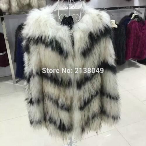 SF0147 Long Fur Coat Real Raccoon Fur White and Black color Knitting Fur Coats Women/ real fur coats
