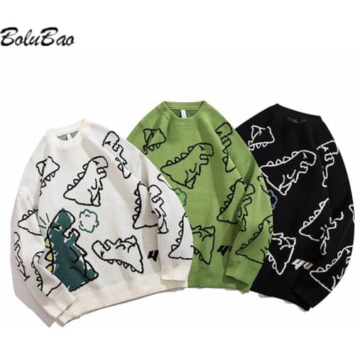 BOLUBAO Men Sweaters Harajuku Knitted Hip Hop Fashion Dinosaur Cartoon Pullover Oversize Casual Couple Male Sweaters