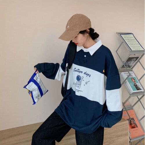 Long-sleeved Sweatshirt Polo Collar Female Astronaut Retro Stitching All-match Sweatshirt Loose Korean Style Clothes
