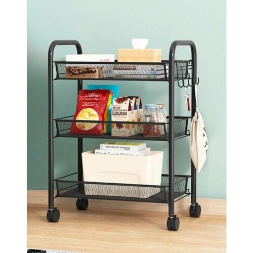 3 Tier Mesh Wire Rolling Cart, Kitchen Organizer Utility Cart, Metal Basket Storage Trolley Carts with Wheels & 4 Side Hooks
