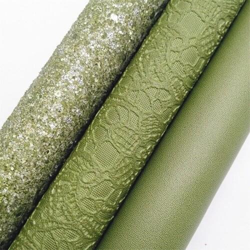 Green Glitter leather, Lace Embossed synthetic leather, Smooth Faux Leather Sheets For Bows Earrings DIY 21x29CM KM811