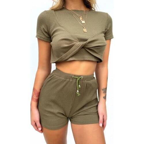 Womens Solid Knitted Cropped Shirt High-Waist Shorts Striped Twisted Chest Short Sleeve Loose Casual O-Neck Elastic Suit