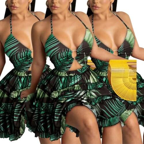 Green Leaves Print Summer Mini Dress For Women Sexy Deep V Neck Halter Hollow Out Backless Bandage Ruffle Holiday Midi Dress