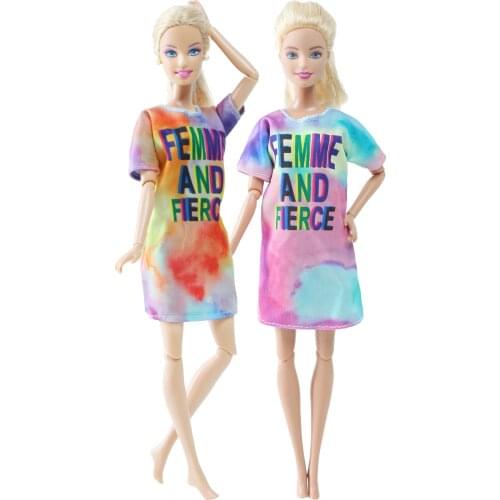BJDBUS 2 Pcs Doll Shirt Dress Letter Pattern Skirt Daily Casual Wear Fashion Graffiti Clothes for Barbie Doll Accessories Toys