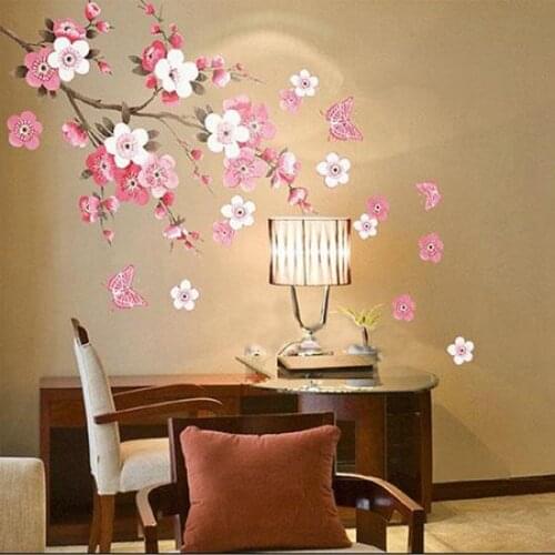 3D Pink Removable Peach Plum Cherry Blossom Flower Butterfly Vinyl Art Decal Wall Home Sticker Room Decor