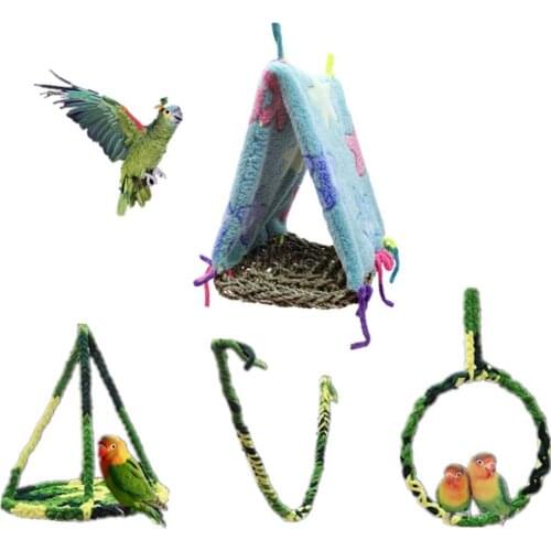 4Pcs Fashion Hammock Swing Ring Parrot Hamster Squirrel Play Toy Pet Cage Decor Blue Flannel Woven Triangle Bird Nest Green Stan