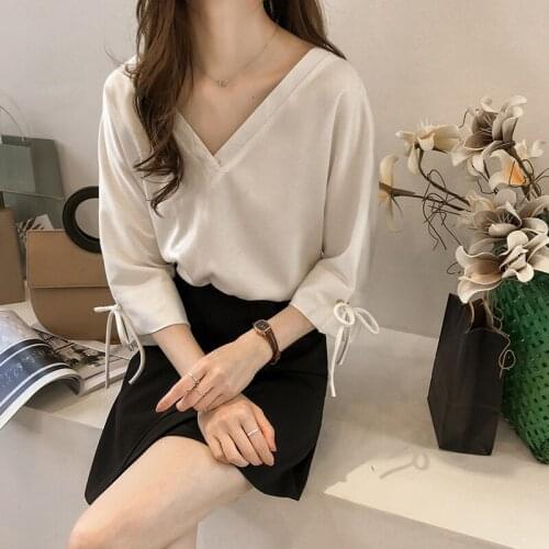 Chiffon shirt blouses womens tops bow loose shirt thin V-neck 7-point Sleeve summer autumn lace up Office Lady PLUS SIZE XXXL
