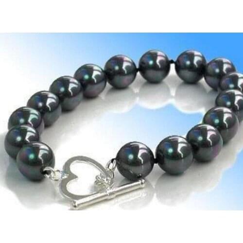 12mm black south sea shell pearl round beads bracelets 7.5 inch