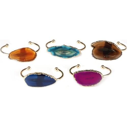 Dankaishi Fashion Cuff Bracelet Half Open Gold Color Bangle Any Wrist Size for Women Natural Stone Color Quartz Crystal Jewelry