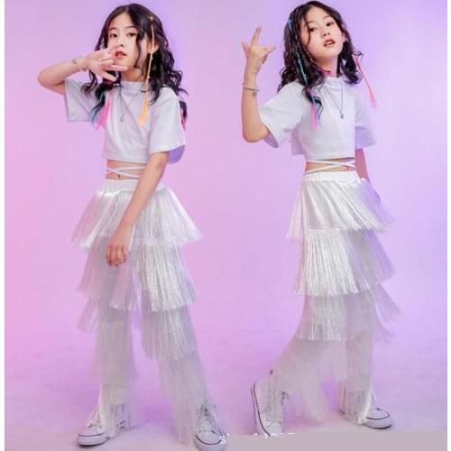 Children Hip Hop Clothing High Neck Tops Crop White Tassel Pants For Girls Kids Jazz Dance Costume Wear Ballroom Dancing Clothes