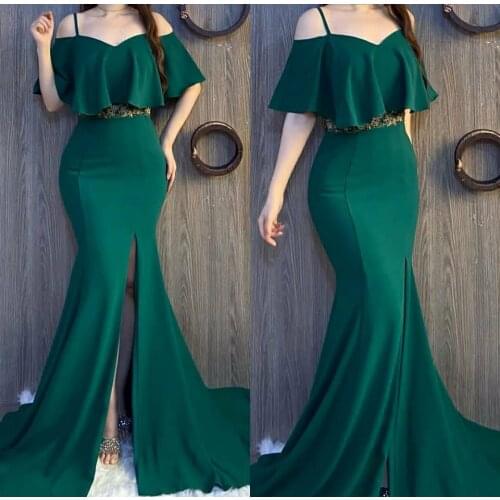 Long Green Satin Side Slit Prom Dresses with Ruffles Robe De Soiree Formal Off Shoulder Pleated Party Dresses for Women
