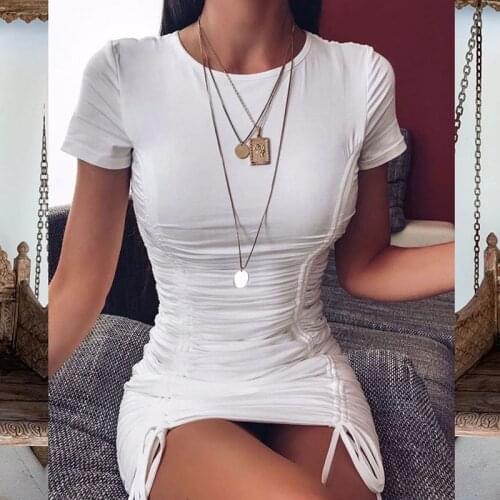 Women Ruched Pleated Bodycon Dress Summer Drawstring Short Sleeve Mini Party Dresses Solid Basic Skinny Short Dress Clubwear
