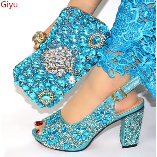Doershow Shoes and Bag Set African Sets 2020 skyblue Color Italian Shoe Bag Set Decorated with Rhinestone High Quality!HJL1-6