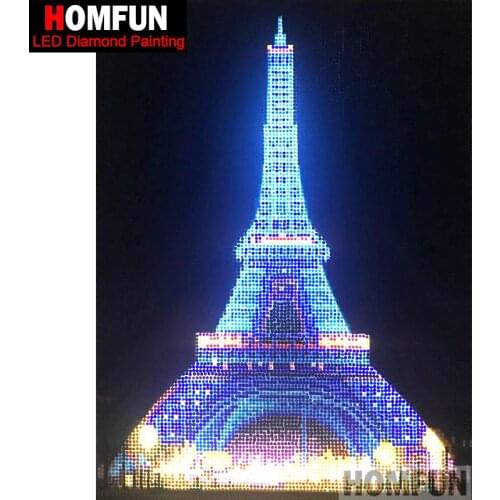 HOMFUN LED Light Full Round Drill 5D DIY Diamond Painting "Eiffel Tower" 3D Embroidery Cross Stitch Mosaic Decor Gift 30X40CM