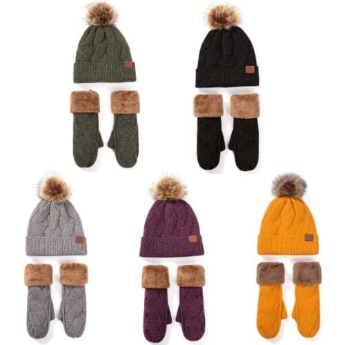 2 Piece Women Winter Pompom Beanie Hat Gloves Set Thick Faux Fleece Lined Warm Cable Knit Cuffed Skull Cap Mittens
