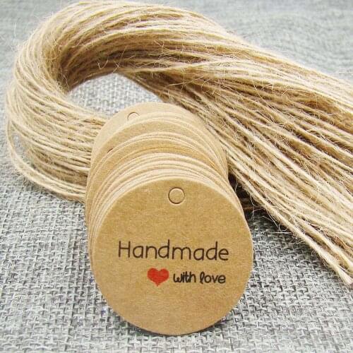 3.0cm100pcs round handmade with love Kraft paper products Hang Tags+100PCS Hemp Stringsf candy box wedding favors gift hang tags