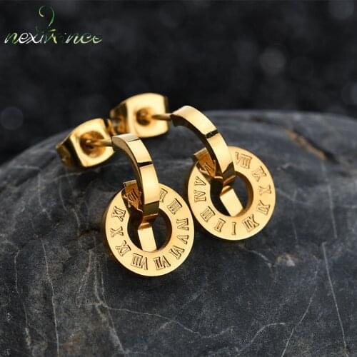 Nextvance Quality Stainless Steel Roman Numerals Stud Letter Number Fashion Earring Round Earrings for Friend Women Gift Jewelry