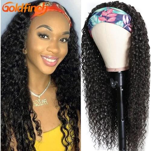 Kinky Curly Headband Wig Human Hair With Free Headband Glueless Curl Thick Natural Black Color Mongolian Kinky Curly Hair Wigs