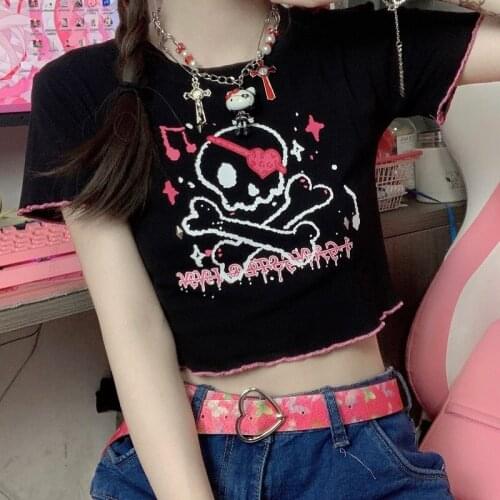 Summer Harajuku style cartoon letter printing o neck short-sleeved navel t-shirt