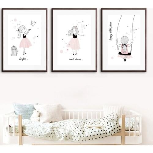 Cartoon Little Girl Swing Pigeon Skirt Stars Wall Art Canvas Painting Nordic Posters And Prints Wall Pictures Kids Room Decor