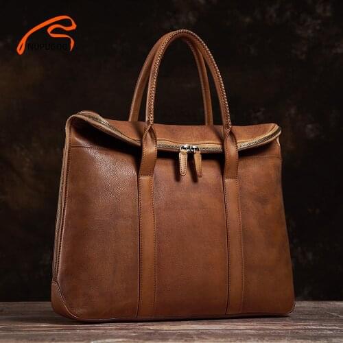 NUPUGOO Genuine Leather Vintage man Handbag Briefcase Men Shoulder Brown High Quality Business Fashion 15 inch Laptop Office Bag