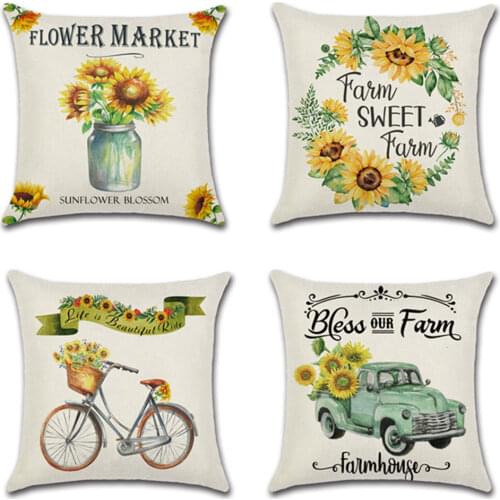ROMANZO 45*45CM New Farm Sunflower Bicycle Happy Summer Linen Printed Pillowcase Cushion Cover Car Decorative Pillowcase