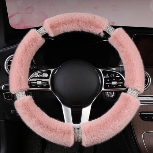 Fluffy Steering Wheel Cover with Rhinestones Diamond Fur Furry Steering Cover H8WE