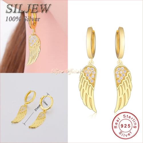 SilJew Authentic 925 Sterling Silver Feather Dangle Hoop Earrings for Women Girls Simple Earrings Fine Jewelry Gift Oorbellen