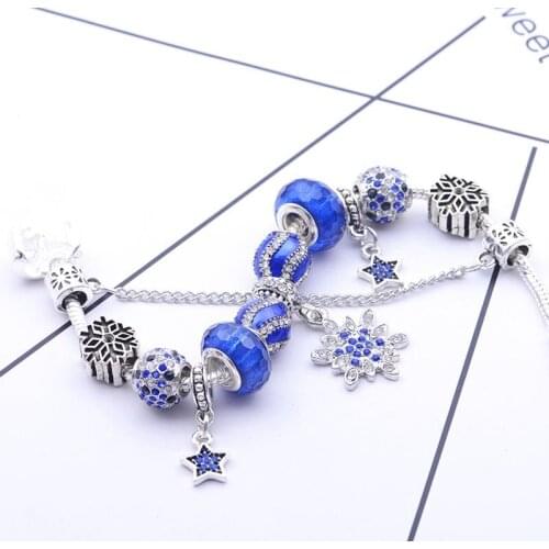 Blue Starry Shining Snowflake Pendant Pandora charm style Fashion Star Bracelet DIY Beaded Bangle
