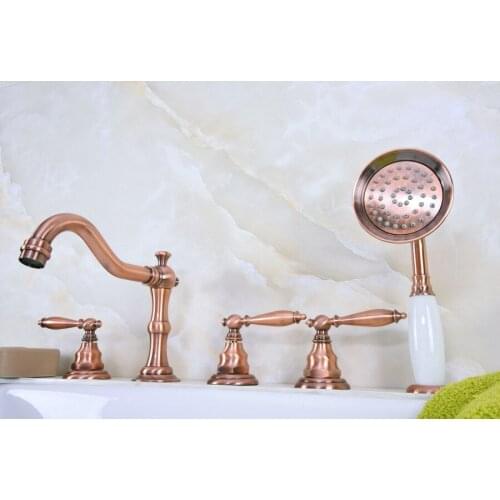 Antique Red Copper Brass Deck 5 Holes Bathtub Mixer Faucet Handheld Shower Widespread Bathroom Faucet Set Basin Water Tap atf228